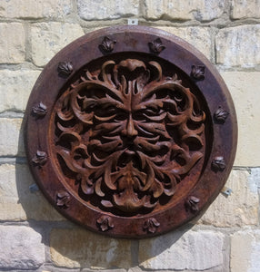 green man wall plaque/roundel - rusty cast iron style